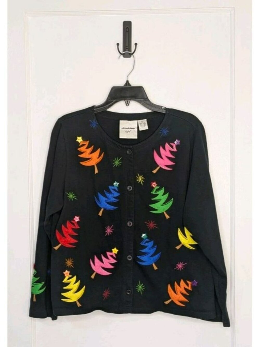 Size Medium Michael Simon Light Colorful Christmas Tree Embroidered Cardigan